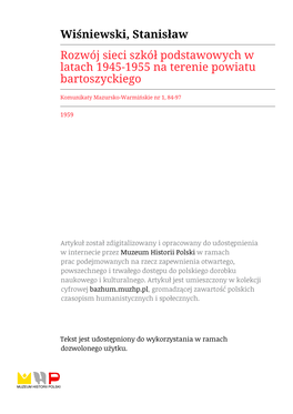 Wiśniewski, Stanisław Rozwój Sieci Szkół Podstawowych W Latach 1945-1955 Na Terenie Powiatu Bartoszyckiego