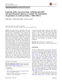 Exploring Indus Crop Processing: Combining Phytolith and Macrobotanical Analyses to Consider the Organisation of Agriculture in Northwest India C