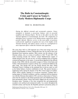 The Bailo in Constantinople: Crisis and Career in Venice's Early