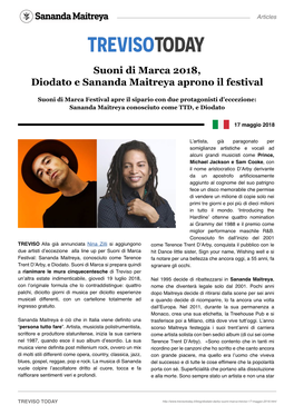 Suoni Di Marca 2018, Diodato E Sananda Maitreya Aprono Il Festival