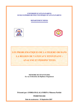 Les Problematiques De La Filiere Or Dans La Region De Vatovavy Fitovinany : Analyse Et Perspectives»