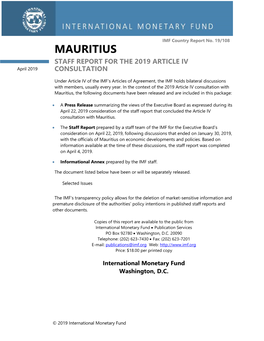 Mauritius: Staff Report for the 2019 Article IV Consultation; IMF Country