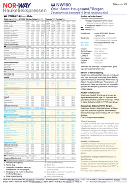 NW180 Side/Page 1/2 Oslo–Åmot–Haugesund/*Bergen (*Bussbytte På Seljestad Til Skyss Lokalbuss 930) B NW180 Frå/From Oslo Symbol Og Forkortingar