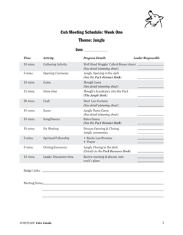 Cub Meeting Schedule: Week One Theme: Jungle