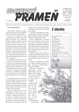 Z Obsahu Mi Jari a Nového Života Sme Deﬁnitívne V Našej Obci Separujeme Tieto Zlož- Vstúpili Do Druhého Štvrťroka 2007