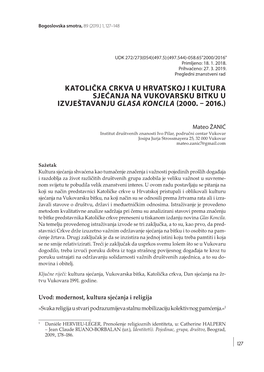 Katolička Crkva U Hrvatskoj I Kultura Sjećanja Na Vukovarsku Bitku U Izvještavanju Glasa Koncila (2000