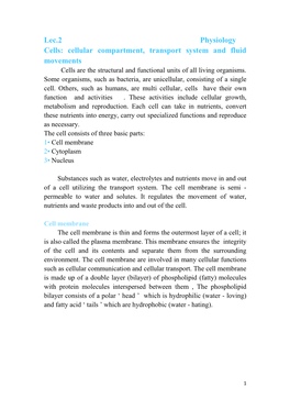 Lec.2 Physiology Cells: Cellular Compartment, Transport System and Fluid Movements Cells Are the Structural and Functional Units of All Living Organisms