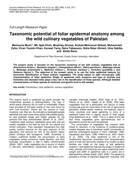 Taxonomic Potential of Foliar Epidermal Anatomy Among the Wild Culinary Vegetables of Pakistan