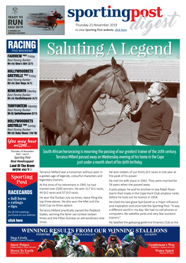 South African Horseracing Is Mourning the Passing of Our Greatest Trainer of the 20Th Century