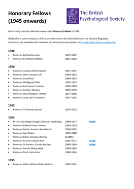 Honorary Fellows (1945 Onwards)