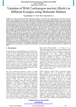 Cymbopogon Martinii (Roxb.) in Different Ecotypes Using Molecular Markers