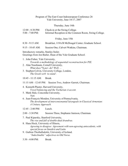 Program of the East Coast Indoeuropean Conference 26 Yale University, June 14-17, 2007