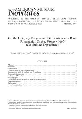 On the Uniquely Fragmented Distribution of a Rare Panamanian Snake, Dipsas Nicholsi (Colubridae: Dipsadinae)