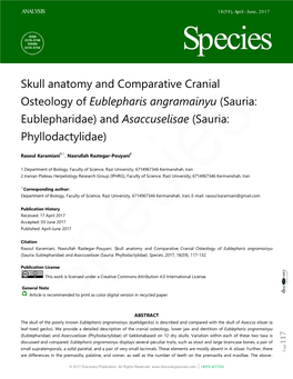 Skull Anatomy and Comparative Cranial Osteology of Eublepharis Angramainyu (Sauria: Eublepharidae) and Asaccuselisae (Sauria: Phyllodactylidae)