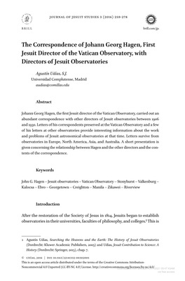 The Correspondence of Johann Georg Hagen, First Jesuit Director of the Vatican Observatory, with Directors of Jesuit Observatories