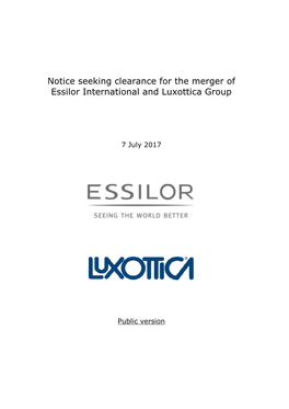 Notice Seeking Clearance for the Merger of Essilor International and Luxottica Group