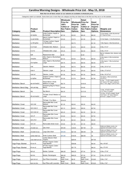 Carolina Morning Designs - Wholesale Price List - May 15, 2018 Note That Not All Items Shown on Our Website Are Available at Wholesale Price