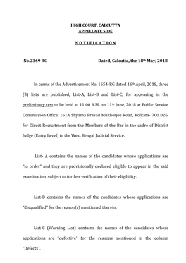 Notification No. 2369 RG Dated, Calcutta, the 18Th May, 2018