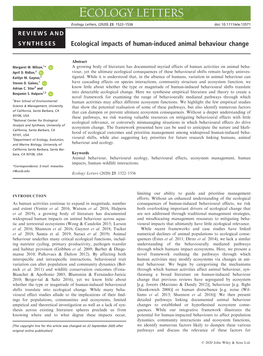 Ecological Impacts of Human‐Induced Animal Behaviour Change