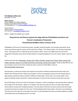 Doug Varone and Dancers Graces the Stage with Two Philadelphia Premieres and Varone’S Masterpiece Possession Presented by Nextmove Dance January 18-22