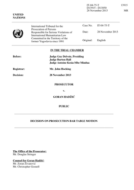 Decision on Prosecution Bar Table Motion