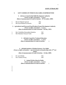 1 AS on 11 March, 2013 I. GOVT. BODIES on WHICH LOK SABHA IS