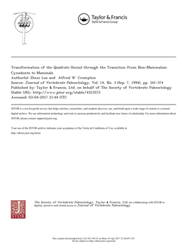 Transformation of the Quadrate (Incus) Through the Transition from Non-Mammalian Cynodonts to Mammals Author(S): Zhexi Luo and Alfred W