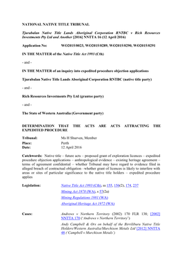 NATIONAL NATIVE TITLE TRIBUNAL Tjurabalan Native Title Lands