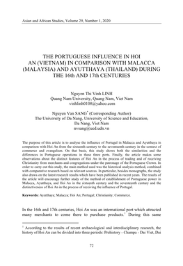 THE PORTUGUESE INFLUENCE in HOI an (VIETNAM) in COMPARISON with MALACCA (MALAYSIA) and AYUTTHAYA (THAILAND) DURING the 16Th and 17Th CENTURIES