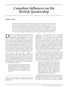 Canadian Influences on the British Speakership