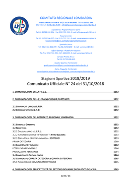 Comunicato Ufficiale N° 24 Del 31/10/2018