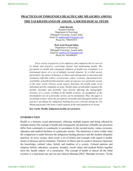 Practices of Indigenous Health Care Measures Among the Tai Khamyangs of Assam: a Sociological Study