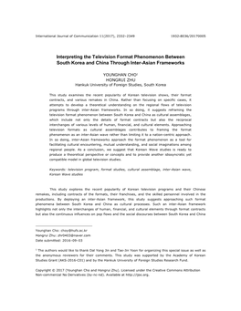 Interpreting the Television Format Phenomenon Between South Korea and China Through Inter-Asian Frameworks