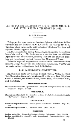 List of Plants Collected by C. S. Sheldon and M. A. Carleton in Indian Territory in 1891