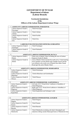 Jurisdiction of the Officers of the Labour Department (Labour Wing)