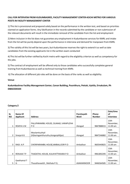 Call for Interview from Kudumbasree, Facility Management Center-Kochi Metro for Various Posts in Facility Management Center