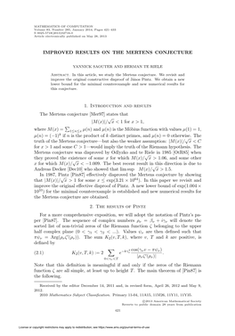 Improved Results on the Mertens Conjecture