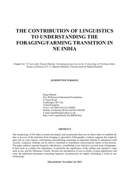The Contribution of Linguistics to Understanding the Foraging/Farming Transition in Ne India