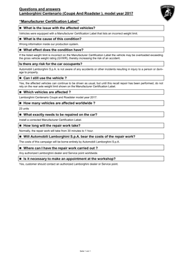 Questions and Answers Lamborghini Centenario (Coupè and Roadster ), Model Year 2017