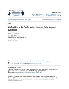 Wolf Spiders of the Pacific Region: the Genus Zoica (Araneae, Lycosidae) Author(S): Volker W