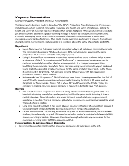 Keynote Presentation Marc Verbruggen, President and CEO, Natureworks the Natureworks Business Model Is Based on “The 3 P’S”: Properties, Price, Preferences