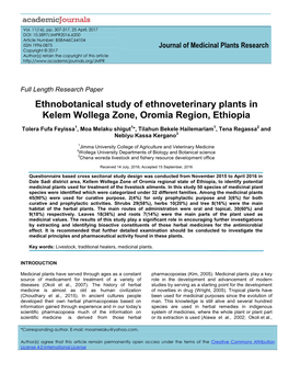 Ethnobotanical Study of Ethnoveterinary Plants in Kelem Wollega Zone, Oromia Region, Ethiopia