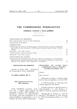 VIII COMMISSIONE PERMANENTE (Ambiente, Territorio E Lavori Pubblici)