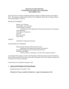 Minutes of the Meeting Commission on Chicago Landmarks December 5, 2013