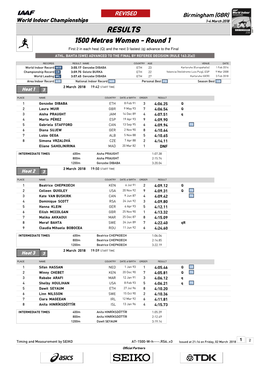 RESULTS 1500 Metres Women - Round 1 First 2 in Each Heat (Q) and the Next 3 Fastest (Q) Advance to the Final ATHL