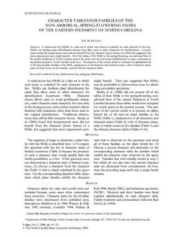 Character Tables for Families of the Non-Arboreal, Spring-Flowering Flora of the Eastern Piedmont of North Carolina