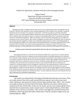 Aposematic Coloration of Sea Urchins Howell 1
