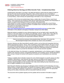 Ordering Arbovirus Serology and Other Zoonotic Tests – Complementary Notes