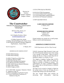 The Coastwatcher CADET MEETING REPORT Publication of the Thames River Composite Squadron 17 March, 2015 Connecticut Wing Civil Air Patrol No Report