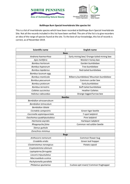 Bollihope Burn SIS Species List